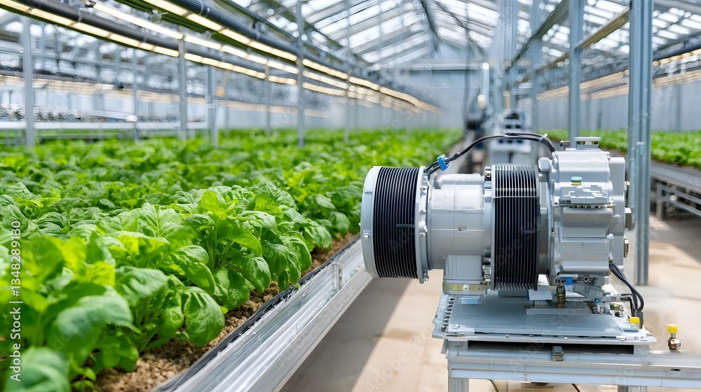 Poster industrial electric motor powering a vertical farming system with advanced hydroponic and climate co