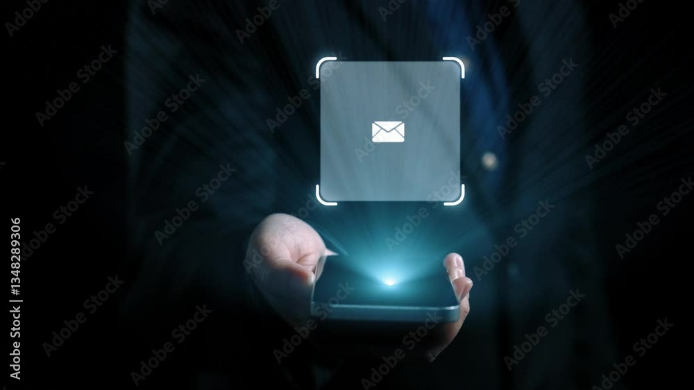 Poster business person checking email inbox, organizing and prioritizing messages for better productivity. 