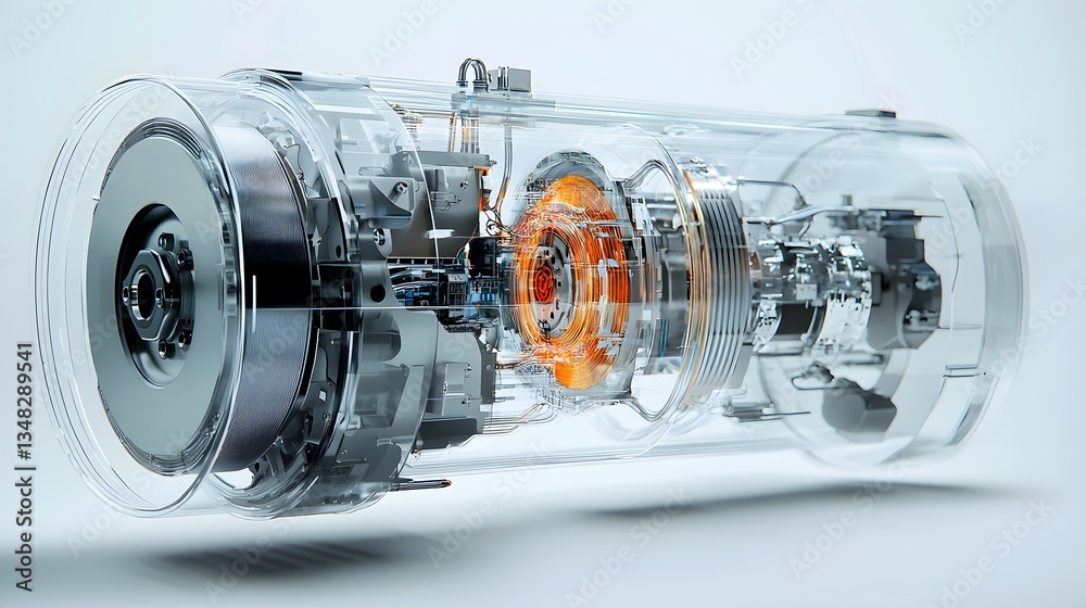 Poster innovative transparent electric motor design showcasing its intricate inner workings including rotor