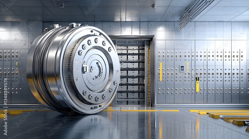 Poster interior view of a classic bank vault with large metallic doors reinforced security features and a h