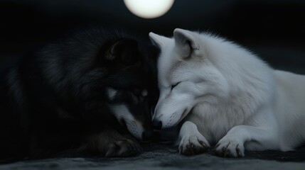 Two wolves resting close