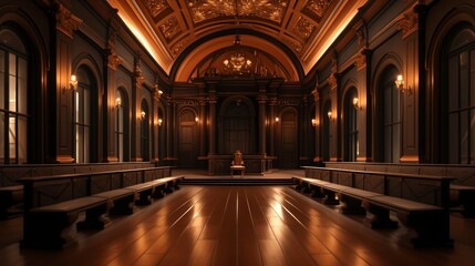 Obraz premium Grand Courtroom Interior Elegant Wooden Benches High Ceilings Justice Law Legal Emp