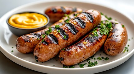 A minimalist presentation of bratwurst on a white plate with mustard.