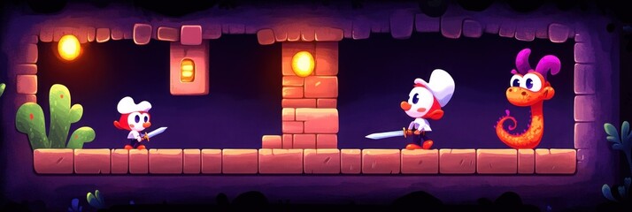 Two cartoon characters, one with a sword and one a dragon, stand on a platform in a dark cave