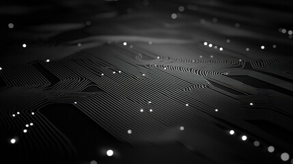 Detailed view of a digital circuit board with illuminated nodes