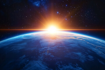 A digital image of a sunrise over Earth from space, capturing a cosmic and futuristic feel. Perfect for sci-fi and conceptual visuals.