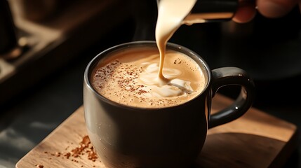 A hand stirring condensed milk into freshly brewed coffee
