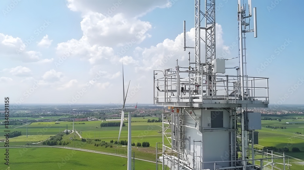 Fototapete panoramic view of a wind turbine farm in a rural agricultural landscape with monitoring infrastructu