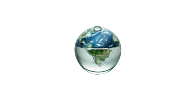 Planet earth trapped in a transparent water bubble with transparent background