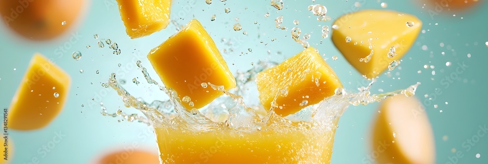 Poster Refreshing and colorful image of a vibrant splash of fresh orange juice with slices of juicy mango and citrus fruit floating in the liquid