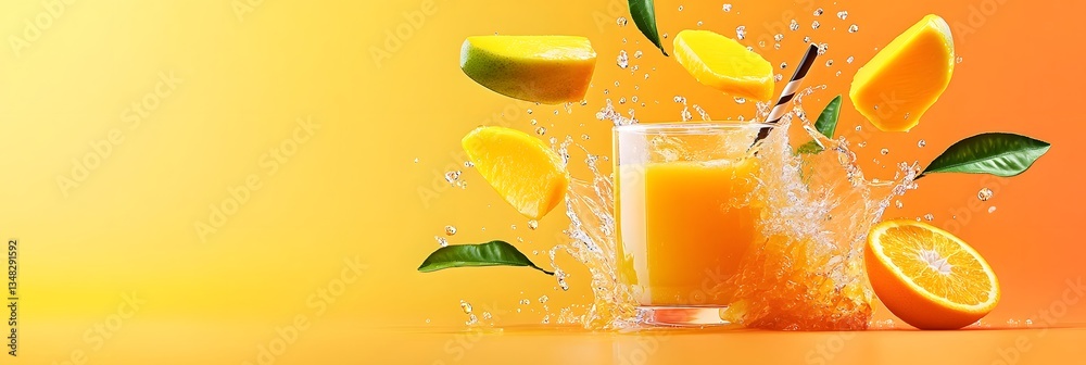 Poster Refreshing background showcasing a glass filled with a vibrant splash of freshly squeezed orange juice complemented by floating slices of citrus fruits such as mango lemon and lime