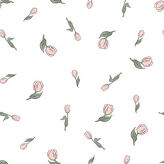 Hand draw cute Easter seamless pattern with pastel flowers, spring floral, bunny, bow, goose, isolated on white background