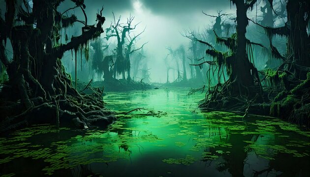 A deadly swamp with glowing green toxic water