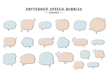 手描きのかわいい吹き出しセット。ペンで描いたラフなラインとパステルカラーのストライプ模様の塗り。