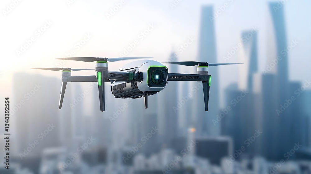Fototapete Sleek and advanced drone equipped with advanced sensors and for efficient environmental monitoring and data collection in an urban cityscape