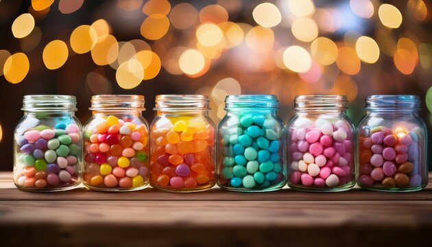 colorful jars filled with candy on a wooden table illuminated by soft bokeh light in the background
