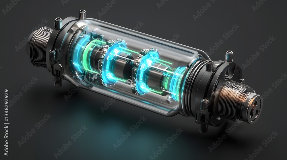 Poster Sleek futuristic hydrogen powered electric motor generating a luminous display of soft blue and green plasma energy showcasing innovative engineering and advanced technology