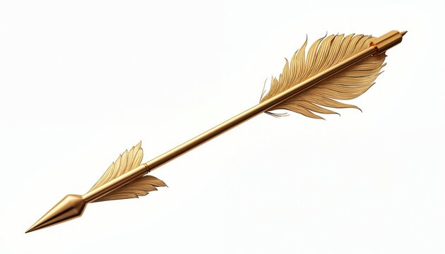 Golden arrow isolated on white. Sharp metal tip, feather fletching. Weapon for hunting, war, archery. Symbol of target, design element, art, craft, decoration, element, style, vintage.