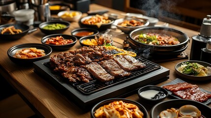 A traditional Korean dining setting with a full BBQ spread
