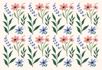 Seamless Floral Pattern with Vintage Hand-Drawn Flowers and Leaves