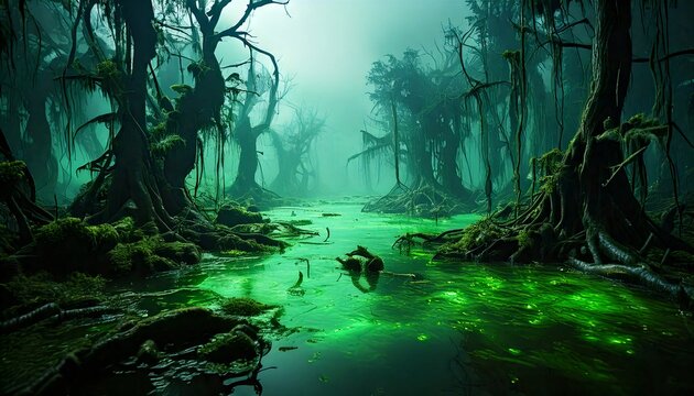 A deadly swamp with glowing green toxic water