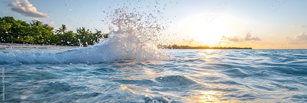 Poster stunning slow motion shot of a powerful ocean wave breaking and splashing against the serene horizon