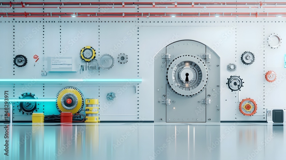 Poster Sturdy industrial style vault door featuring a complex locking system gears and an array of electronic controls and instrumentation panels