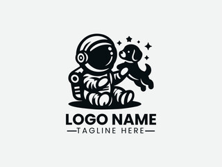 astronaut with playful puppy in space. Whimsical logo design 