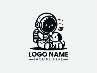 astronaut with playful puppy in space. Whimsical logo design 