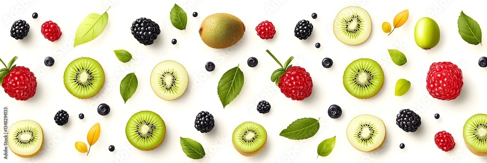 Poster textured background featuring a repeating pattern of fresh colorful summer fruits like kiwis raspber