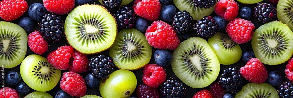 Poster textured background featuring a seamless pattern of various summer fruits like kiwis raspberries bla