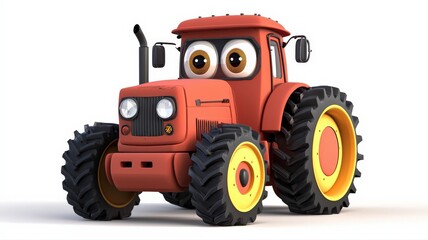 Obraz premium Adorable 3D render of a cute animated tractor with big expressive eyes and a friendly smile, happily plowing a bright, cheerful field. Playful, colorful, kid-friendly scene.