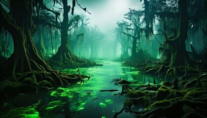 A deadly swamp with glowing green toxic water