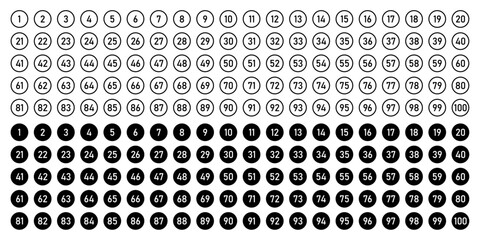 Typography set of rounds 1 to 100 Numbers. Bullet point number collection. Set of 1 to 100 numbers simple design isolated. Numeral typographic outline and flat icons set. Isolated vector illustration.