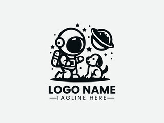 Cute Astronaut Playing with Dog Logo Design, Astronaut and Dog Logo