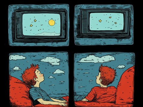Boy looks up at sky, then old tv screen displaying night sky illustration