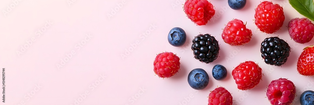 Poster vibrant display of ripe raspberries blueberries and blackberries neatly arranged in a minimalist pas