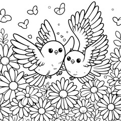 Two cute birds fly over daisies in this charming black-and-white illustration, perfect for a coloring page. 