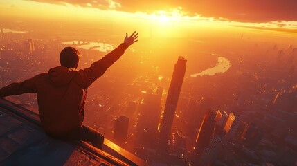 Fototapeta premium A person reaching up from a high point set against a scenic backdrop