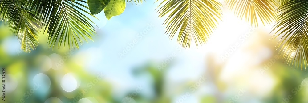 Poster vibrant lush palm leaves sway in the warm glow of the sun creating a serene natural bokeh effect in 