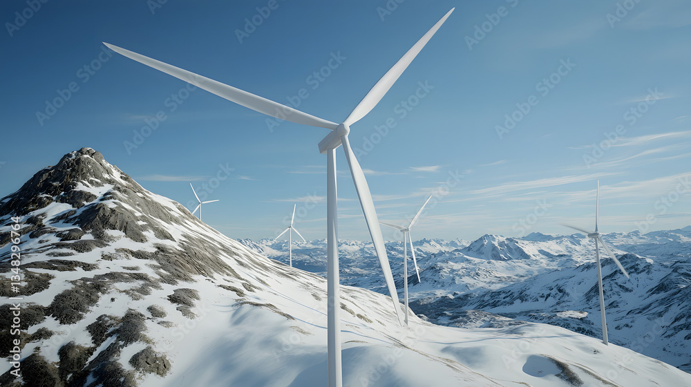 Poster wind turbine farm situated on rugged snow covered mountain peaks monitored by advanced lidar and rad