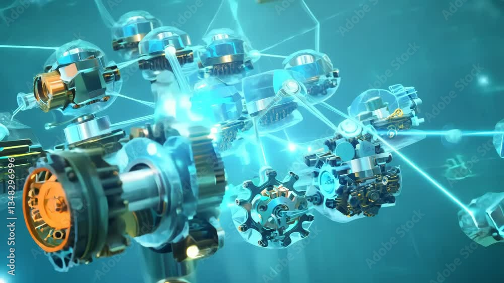 Poster Nanobots assembling microscopic structures in scientific abstract concept. Microlevel ai bots in motion