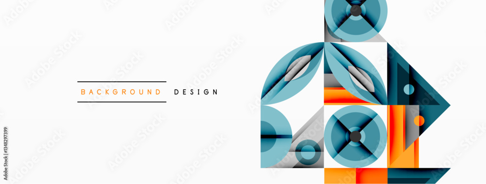 Poster Geometric abstract composition with intersecting shapes, circles, triangles, and gradients, blending vibrant colors and dynamic contrasts to create a modern, futuristic visual design