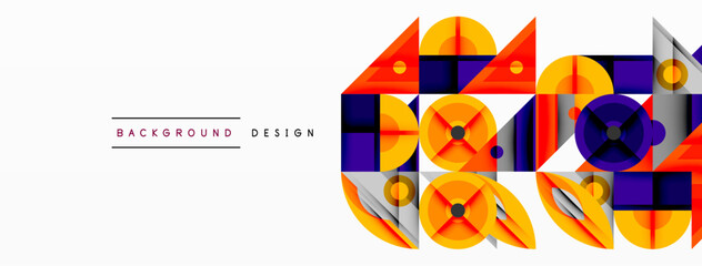 Geometric abstract composition with intersecting shapes, circles, triangles, and gradients, blending vibrant colors and dynamic contrasts to create a modern, futuristic visual design