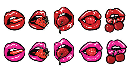 Lips Set in Pop Art. Vector Illustration Berry and Women's Mouths