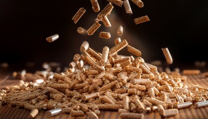 wooden pellets falling down close up