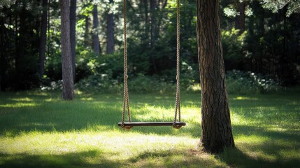 Peaceful Swing Under a Tree in Sunlit Forest