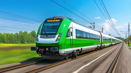Naklejka premium Green High-Speed Train in Motion on Sunny Day
