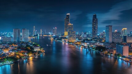 Night City Skyline, River Reflections, Bangkok