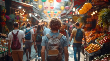 Naklejka premium Young adults exploring vibrant outdoor market in sunny urban street scene